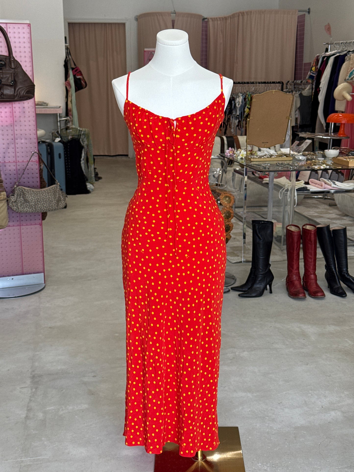 Realisation Par Red/Yellow Poka Dot Spaghetti Strap Long Dress