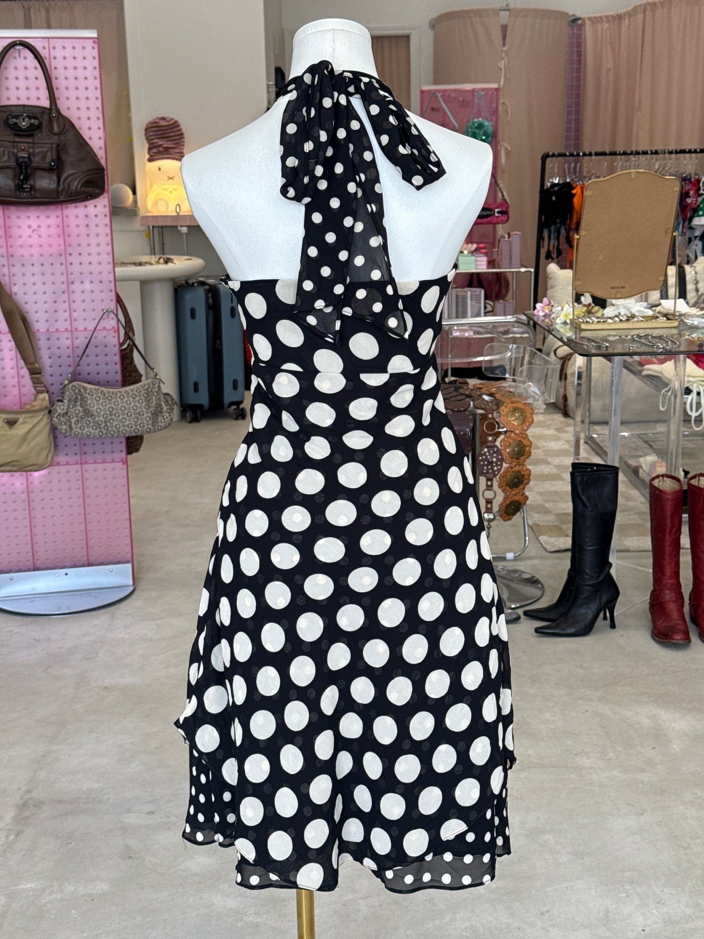 Lori M y2k black halter polka dot midi dress