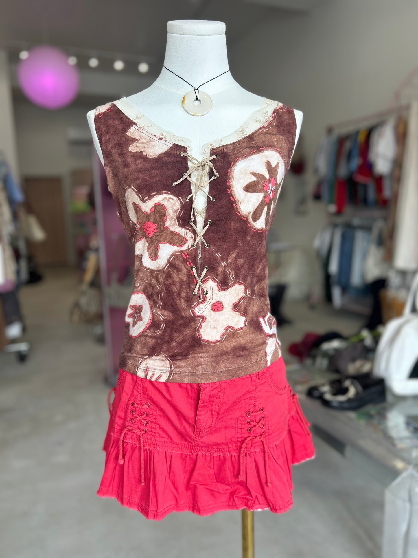 Brown, Beige & Red Print with Lace Trim & Tie in Front