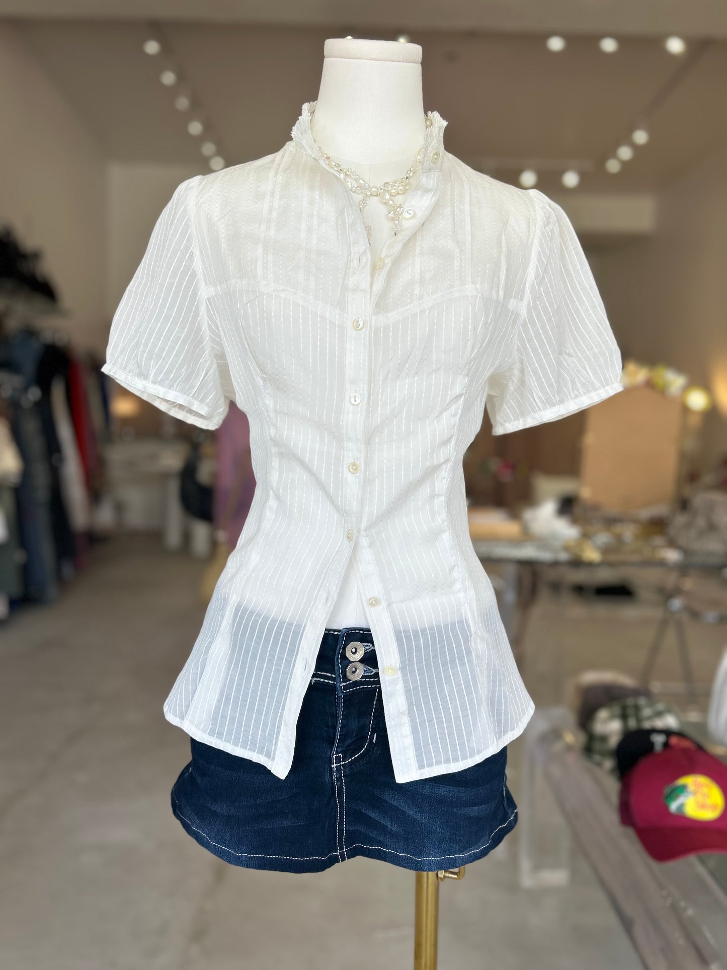 White Buttoned Down Striped Short-sleeveTop