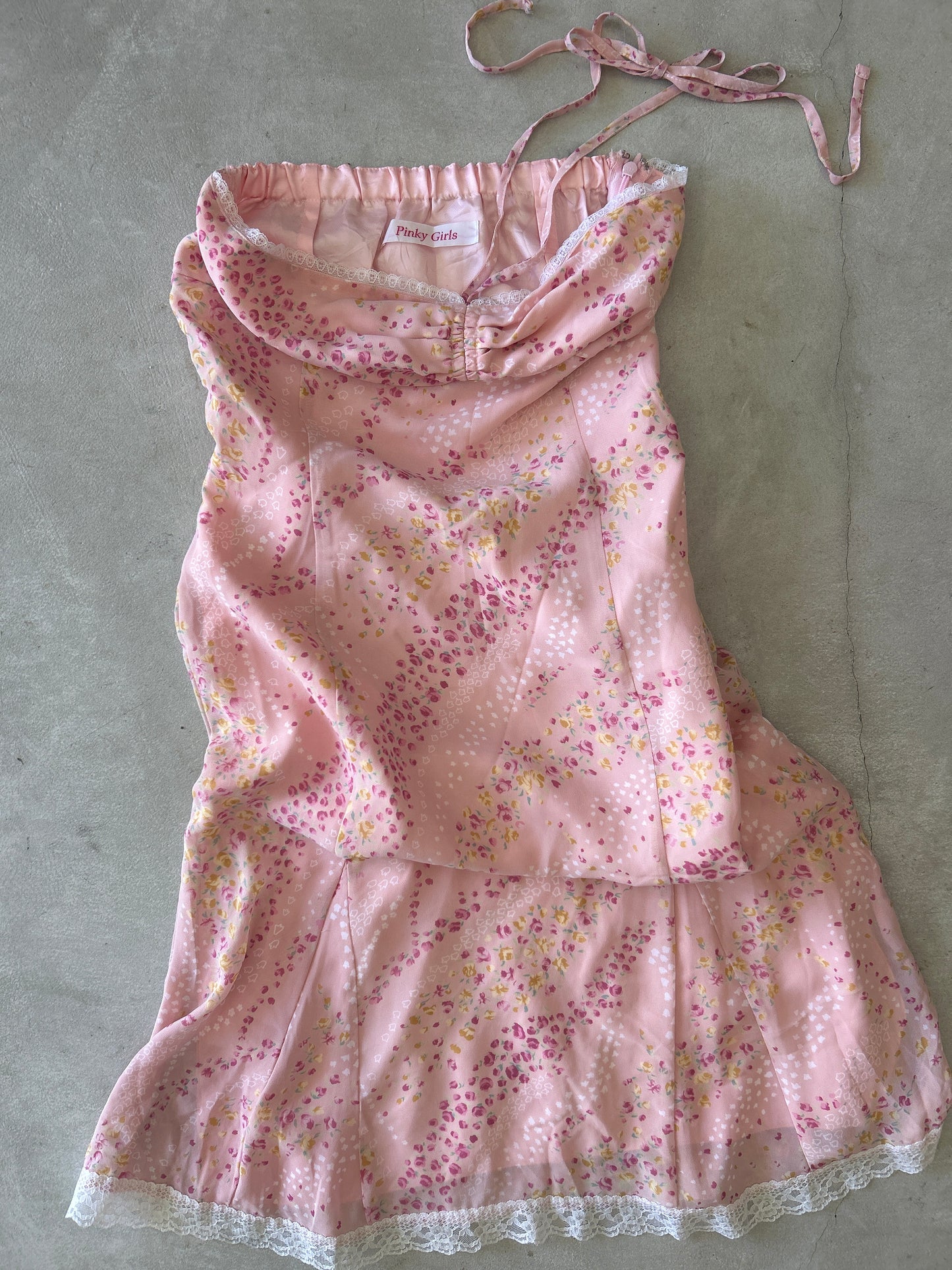Pinky Girls Pink Floral Print Lace Trim Halter Dress