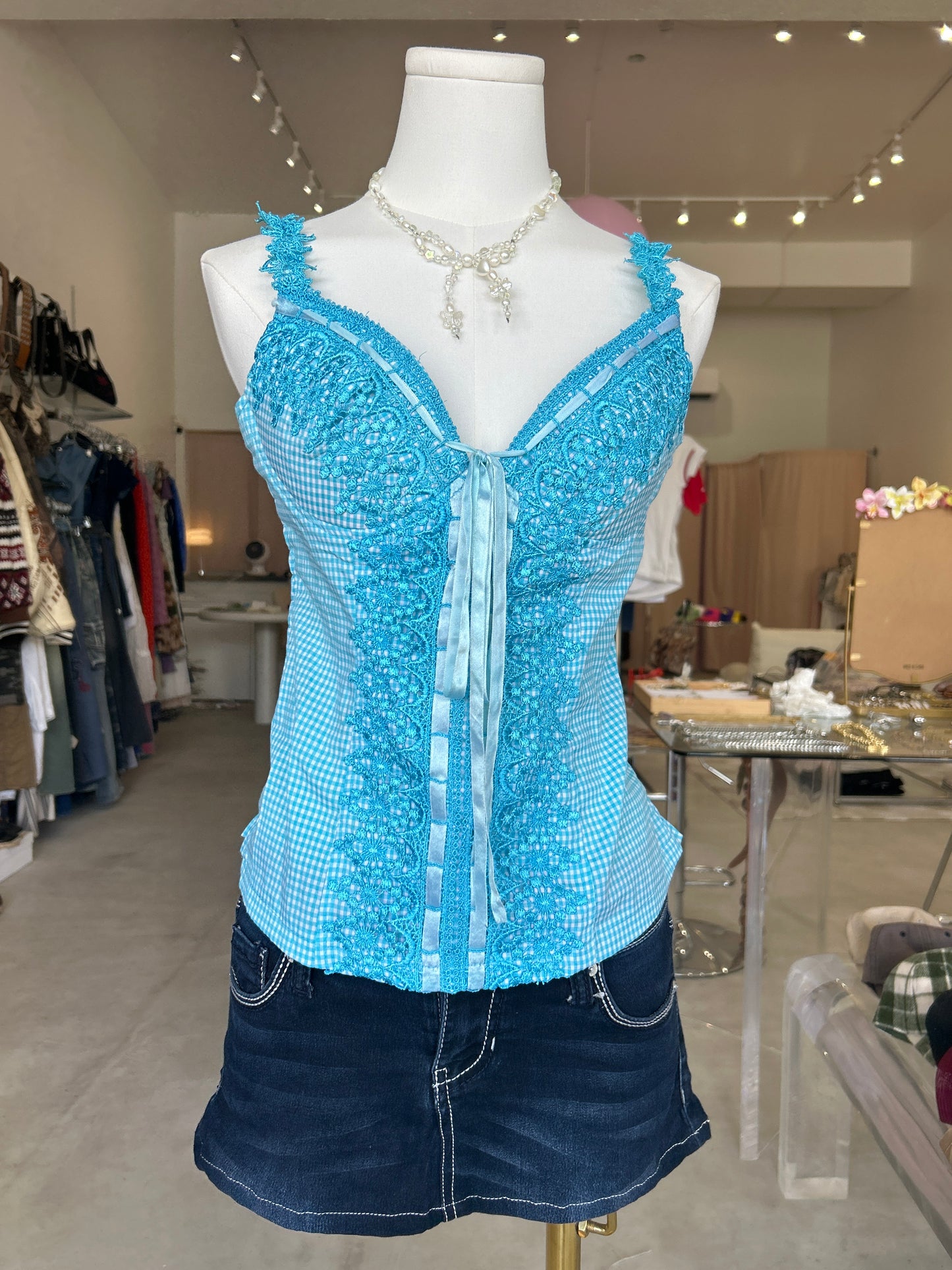 Wild Cat Turquoise Checkered Embroidery with Front Tie Cami Top