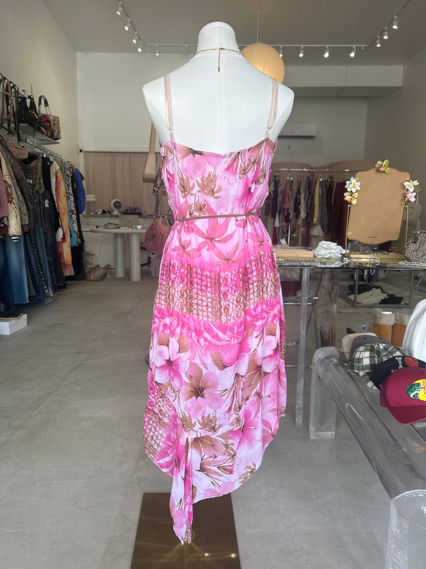 Bellani Paris Pink Floral Asymmetrical Cami Dress with Rope Belt