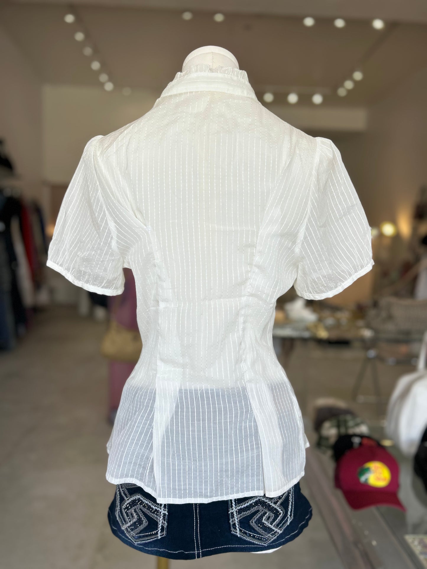 White Buttoned Down Striped Short-sleeveTop