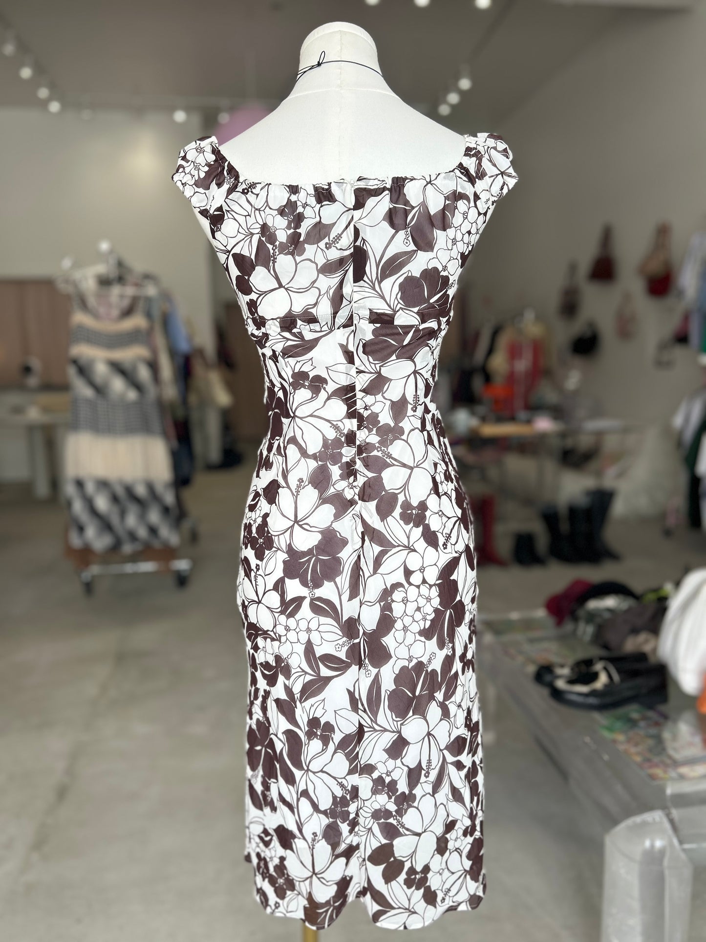 Anna Kerry Brown and White Floral Print Dress with Tie in Front
