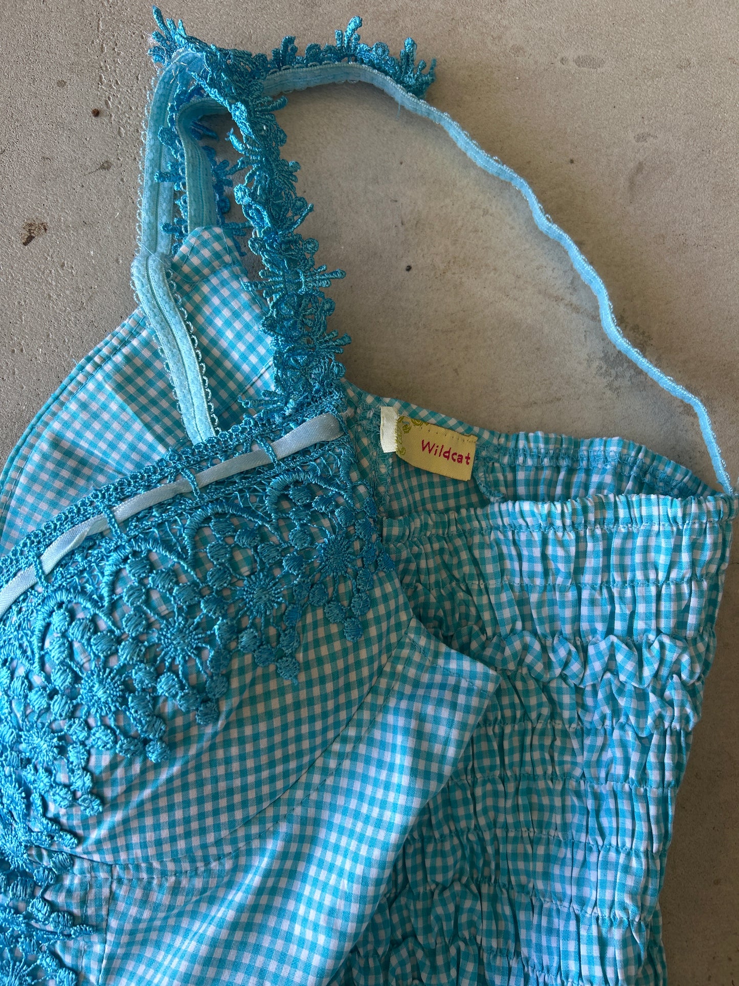 Wild Cat Turquoise Checkered Embroidery with Front Tie Cami Top