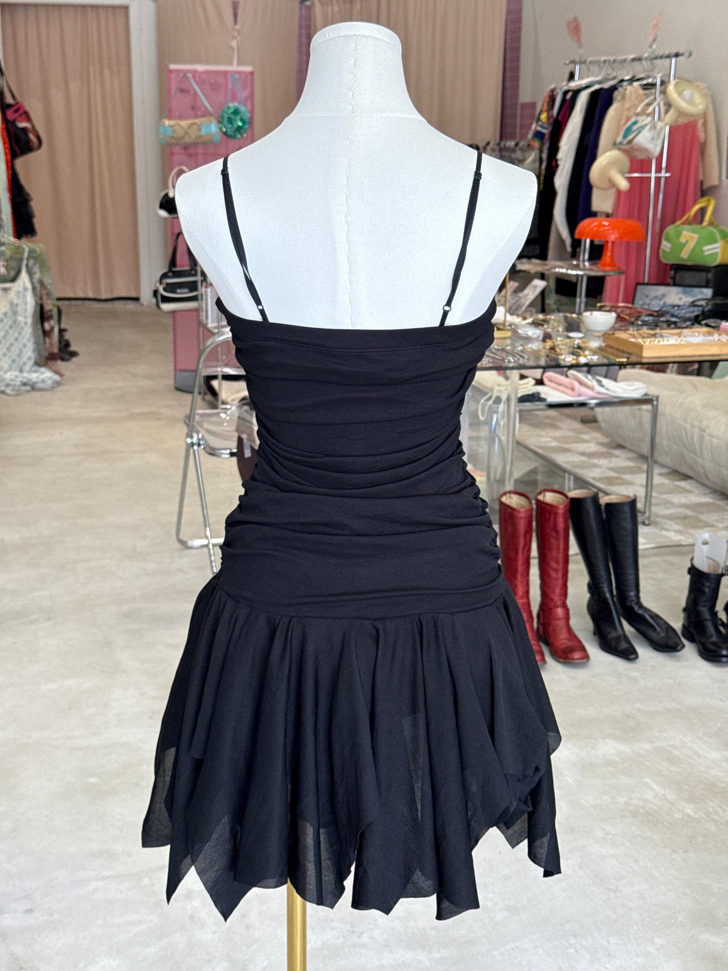 Un Deux Trois Ruffle Short Black Asymmetrical Dress