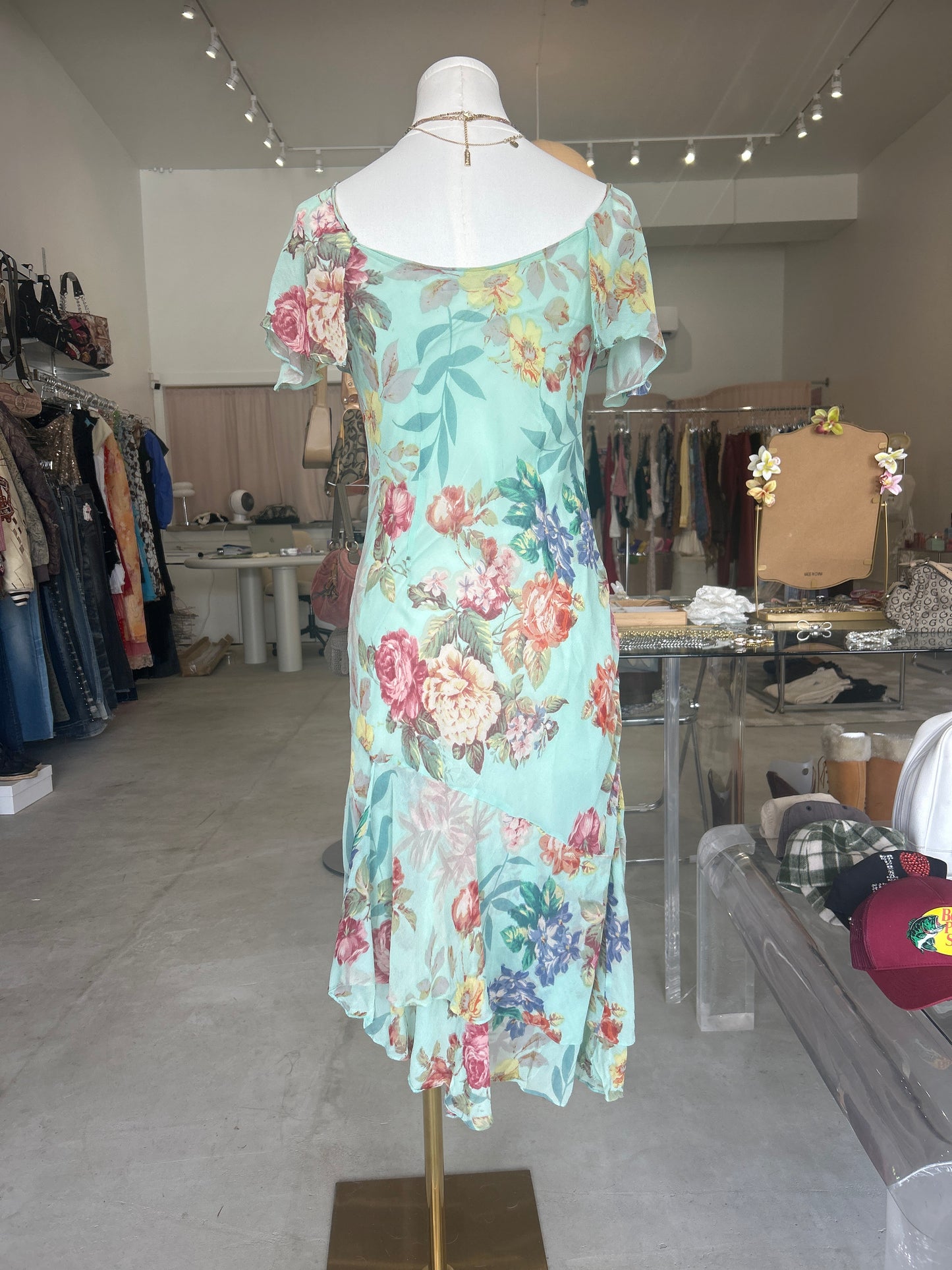 Helline Blue Multi Floral Sequin Cap Sleeve Dress