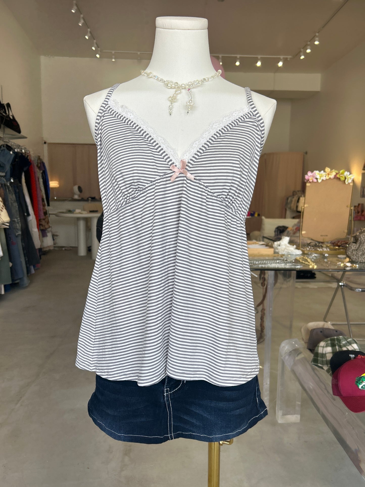 Marilyn Monroe grey and white striped V neck cami top