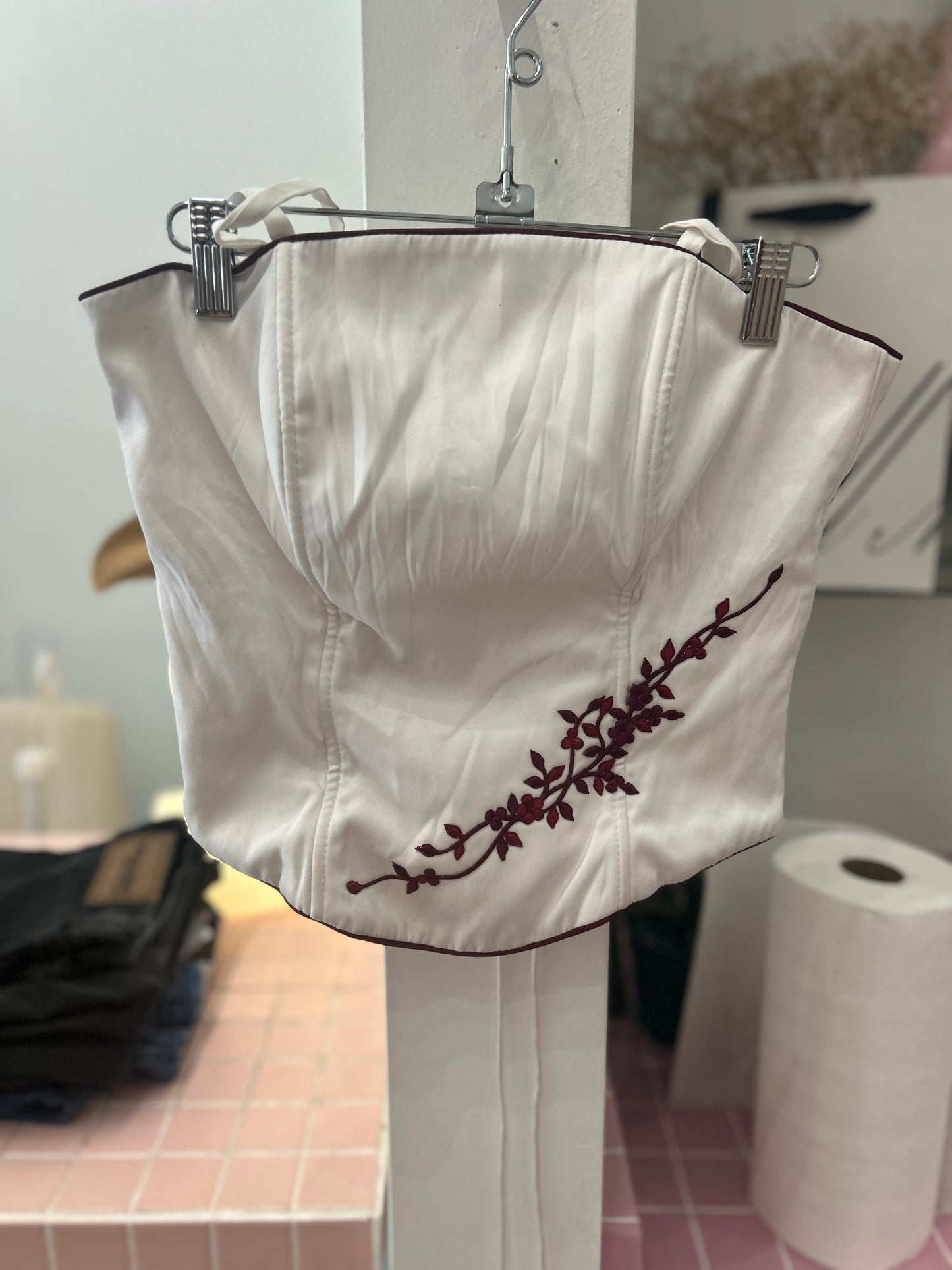 White Corset w/ Maroon Floral Embroidery & Trim