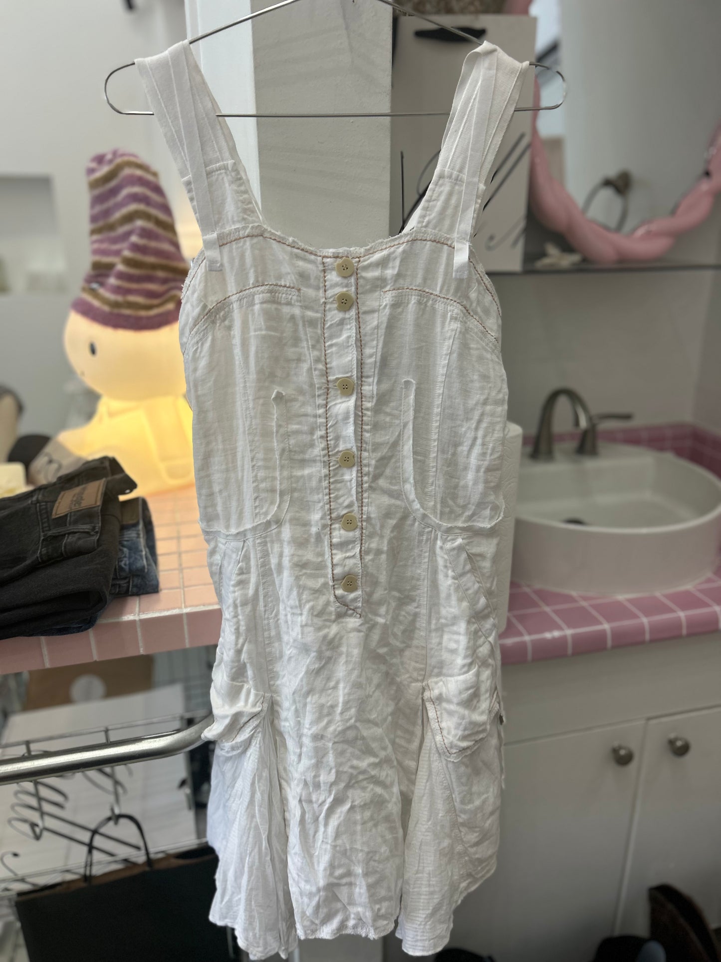 White Linen Button Down w/ Buckles Sleeveless Dress