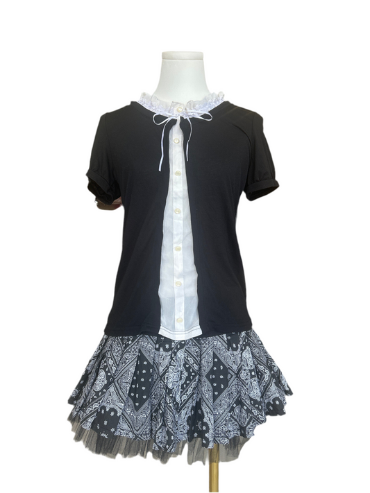 Bui Janne Black Short-sleeve with inner white ruffle collar & button down top