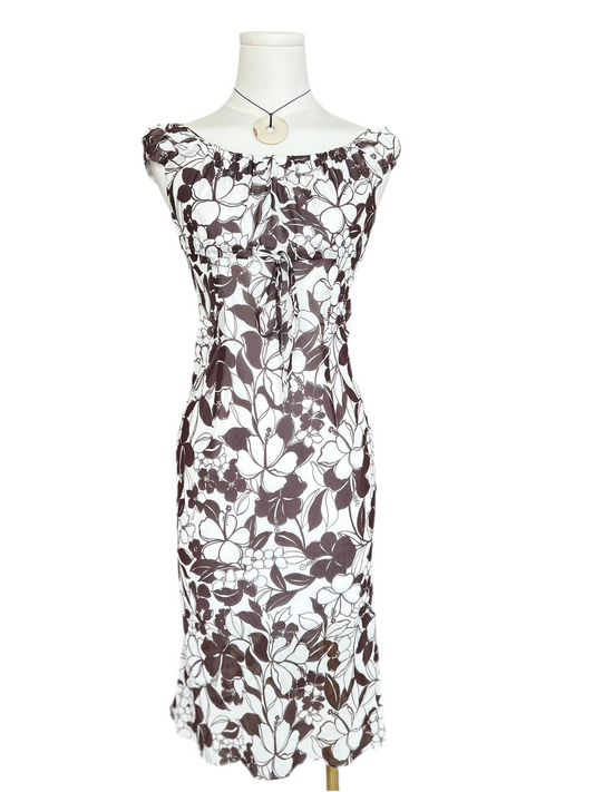 Anna Kerry Brown and White Floral Print Dress with Tie in Front