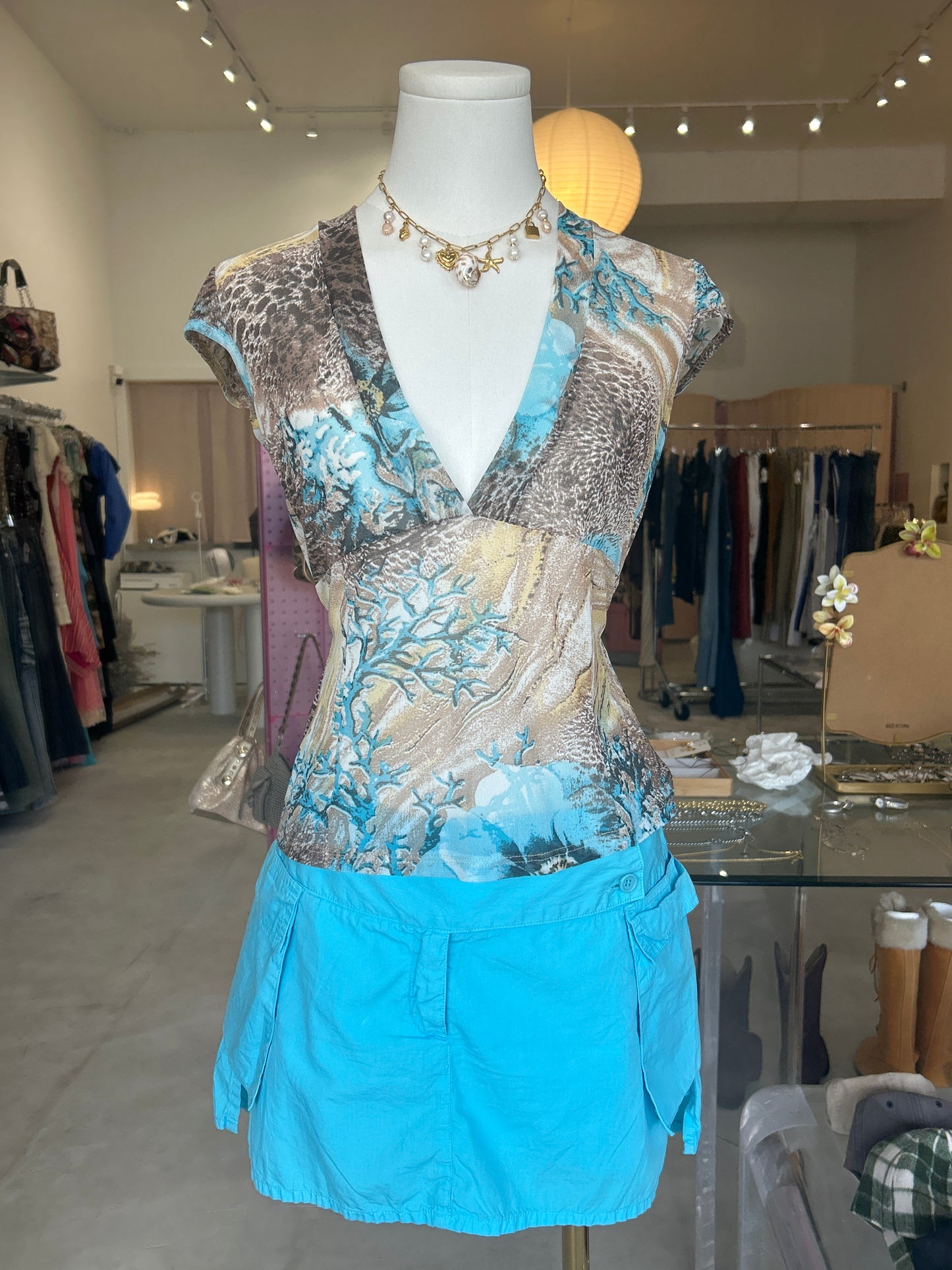 Blue Coral Reef Mesh V Neck Top