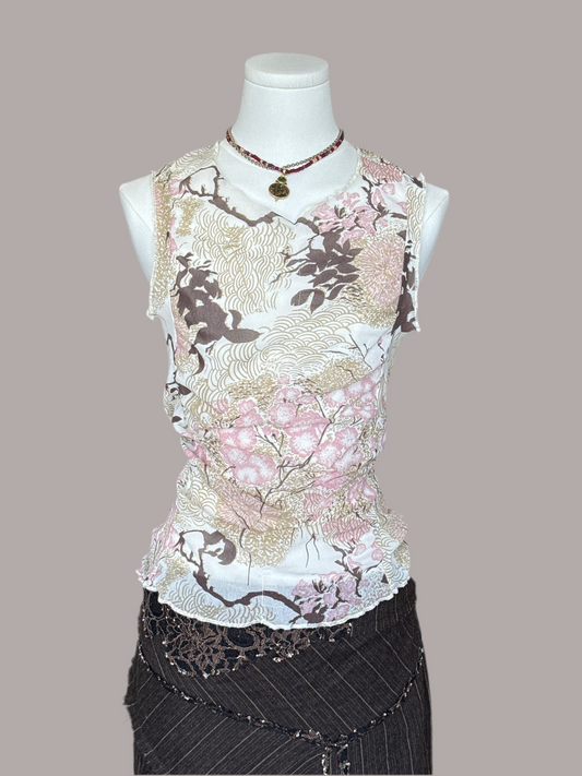 Twice Pink Cherry Blossom Print Sleeveless Shear Top