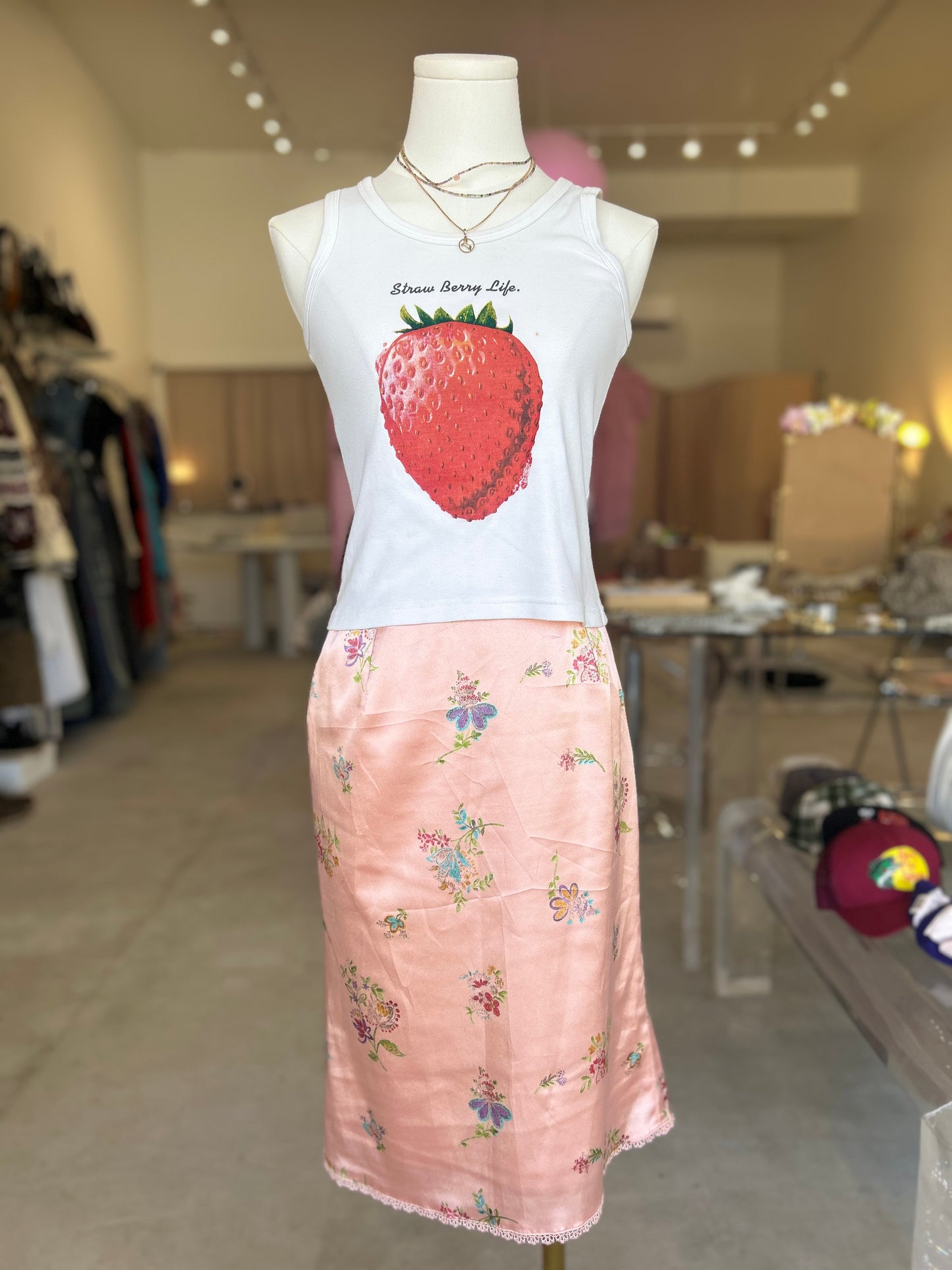 Garlici Straw Berry Life white tank top