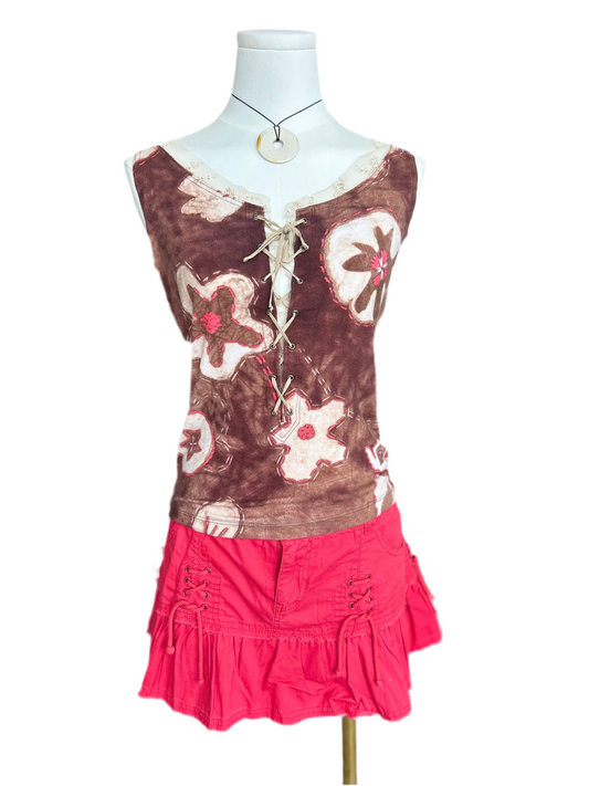 Brown, Beige & Red Print with Lace Trim & Tie in Front