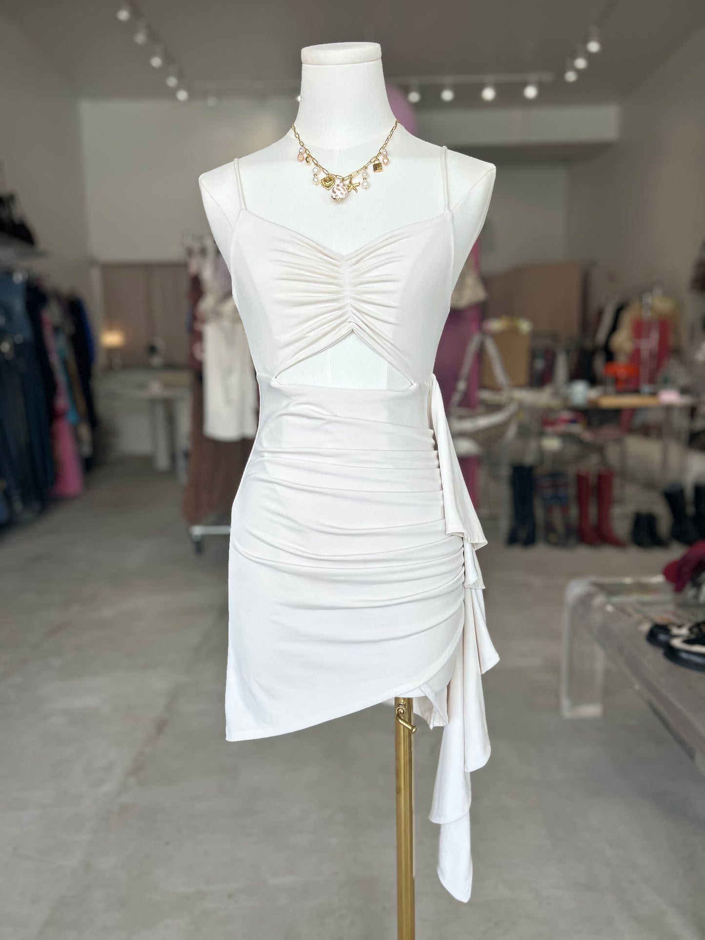 MadeBen White Cutout Dress with Asymmetrical Drapes on side