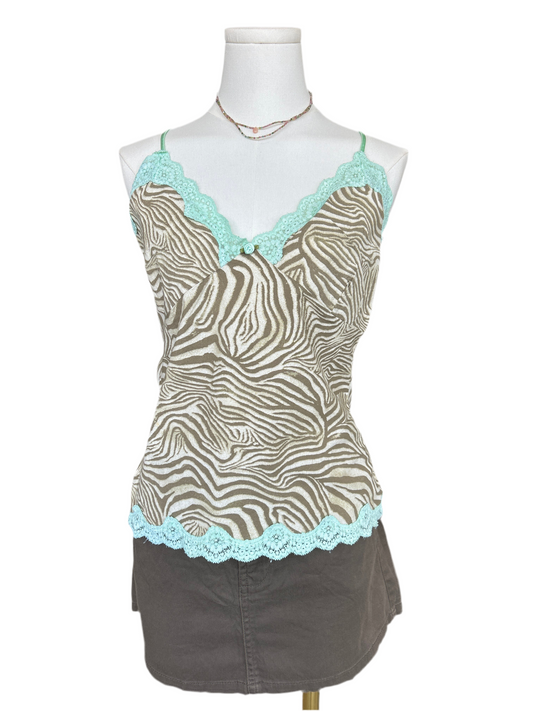 Muse Brown & Beige Zebra Print with Lace Trim Cami Top