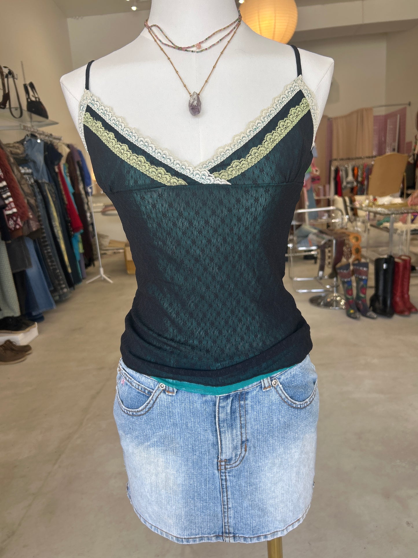 SEED Black & Teal Mesh Lace Cami Top