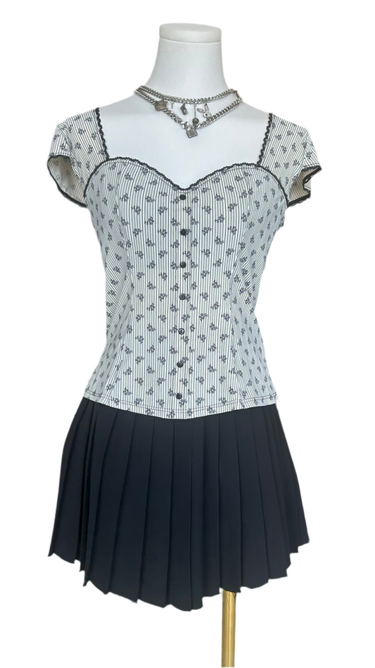 Passionata Pinstripe Floral Button  Down Cap Sleeve Top