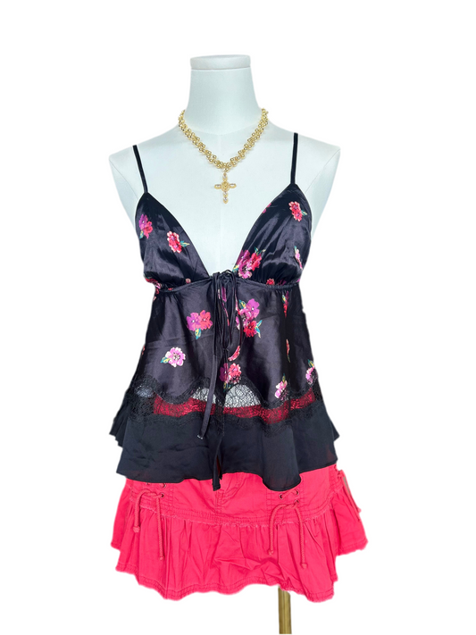 Victoria Secret Black Floral Print & Tie in Front Cami Top