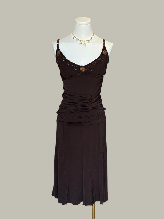Brown Embellished w/ Mid Length Dress