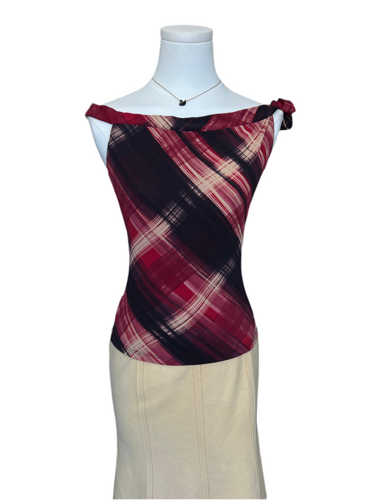 579 Magenta, Black & Cream Plaid Boat Neck Top