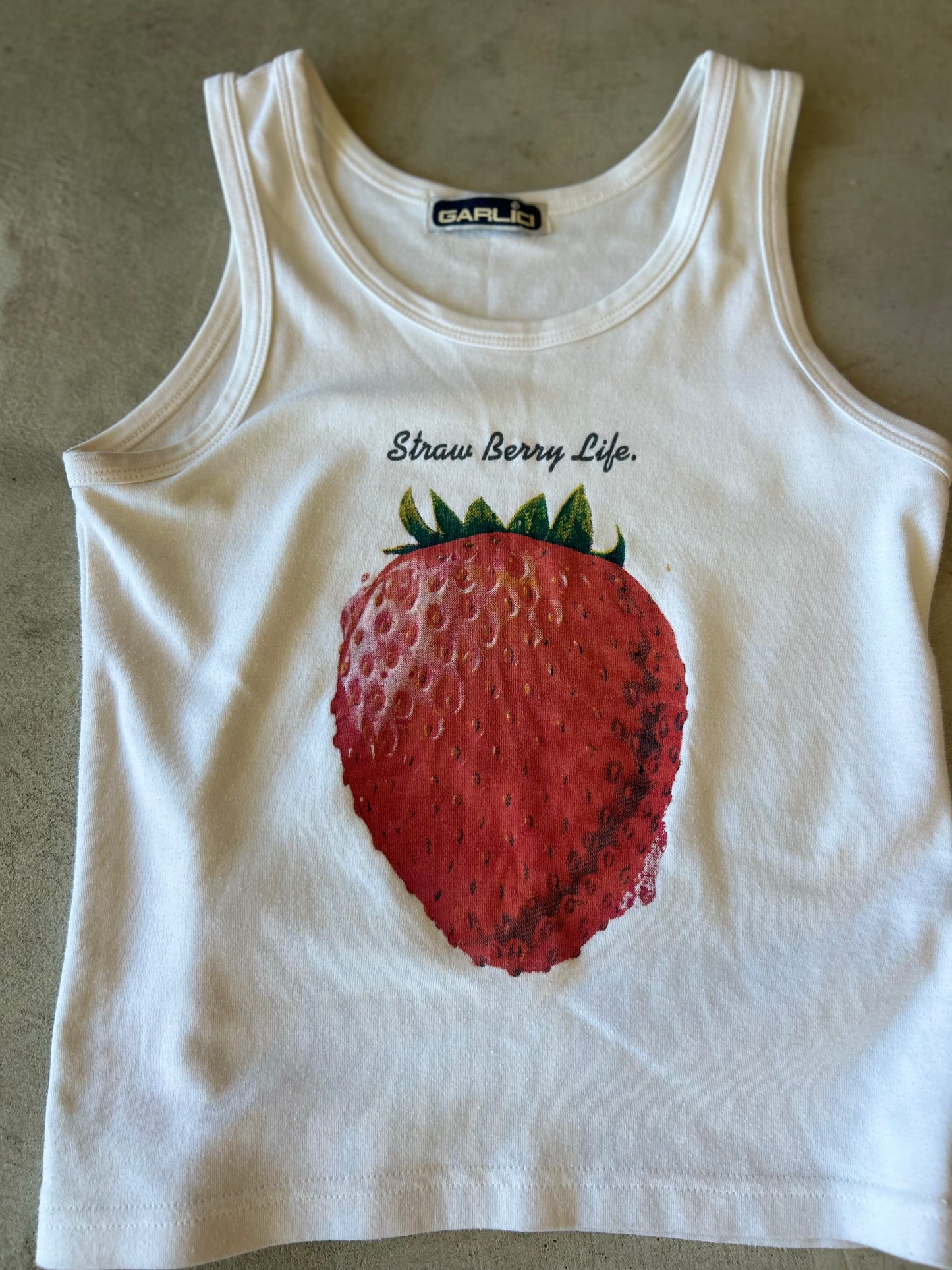 Garlici Straw Berry Life white tank top