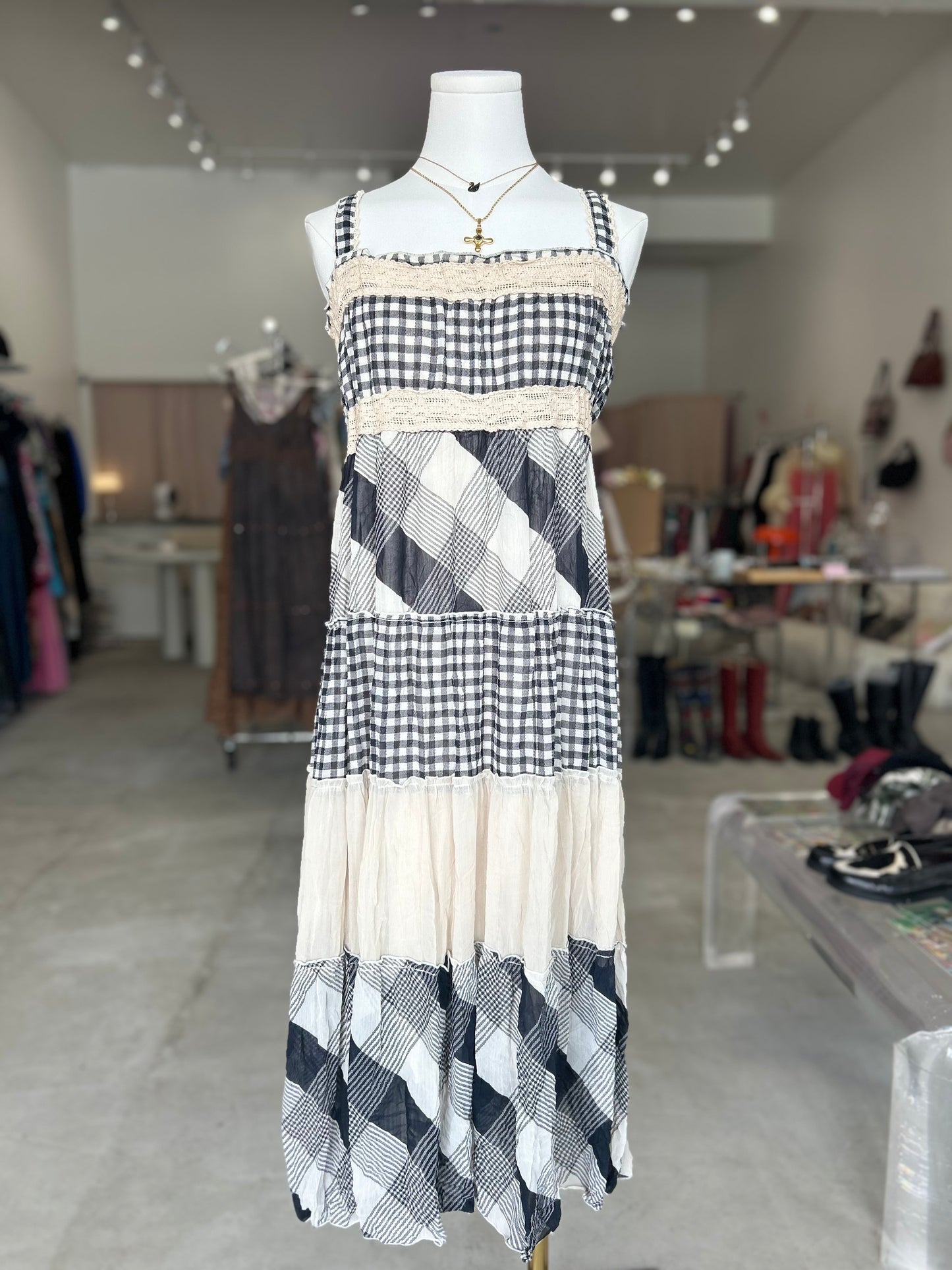 Black and Beige Multi Checkered Maxi Dress