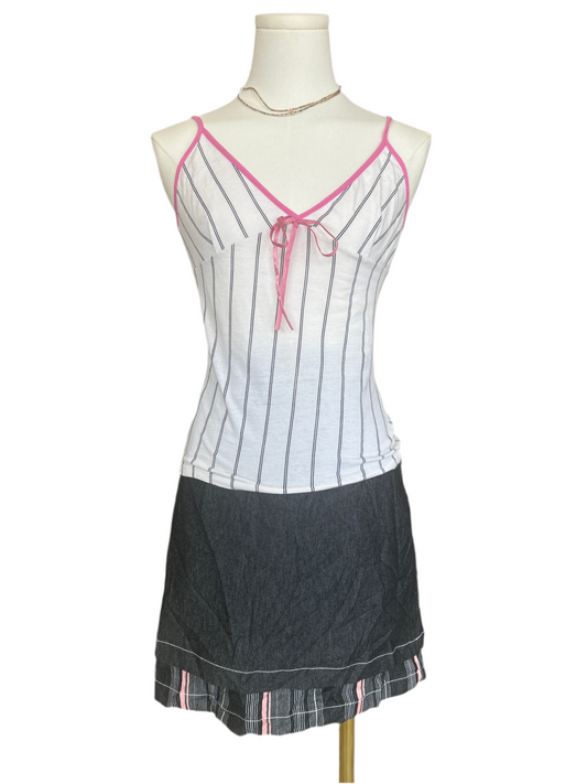 Italian Fashion White Pinstriped with Pink Trim V Neck Cami Top