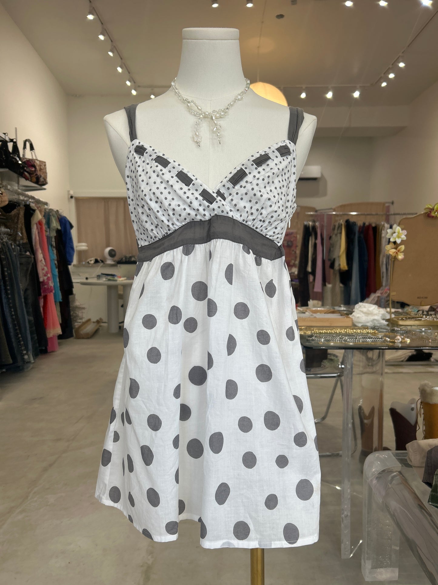 Promod Grey and White Poka Dot Cami Dress