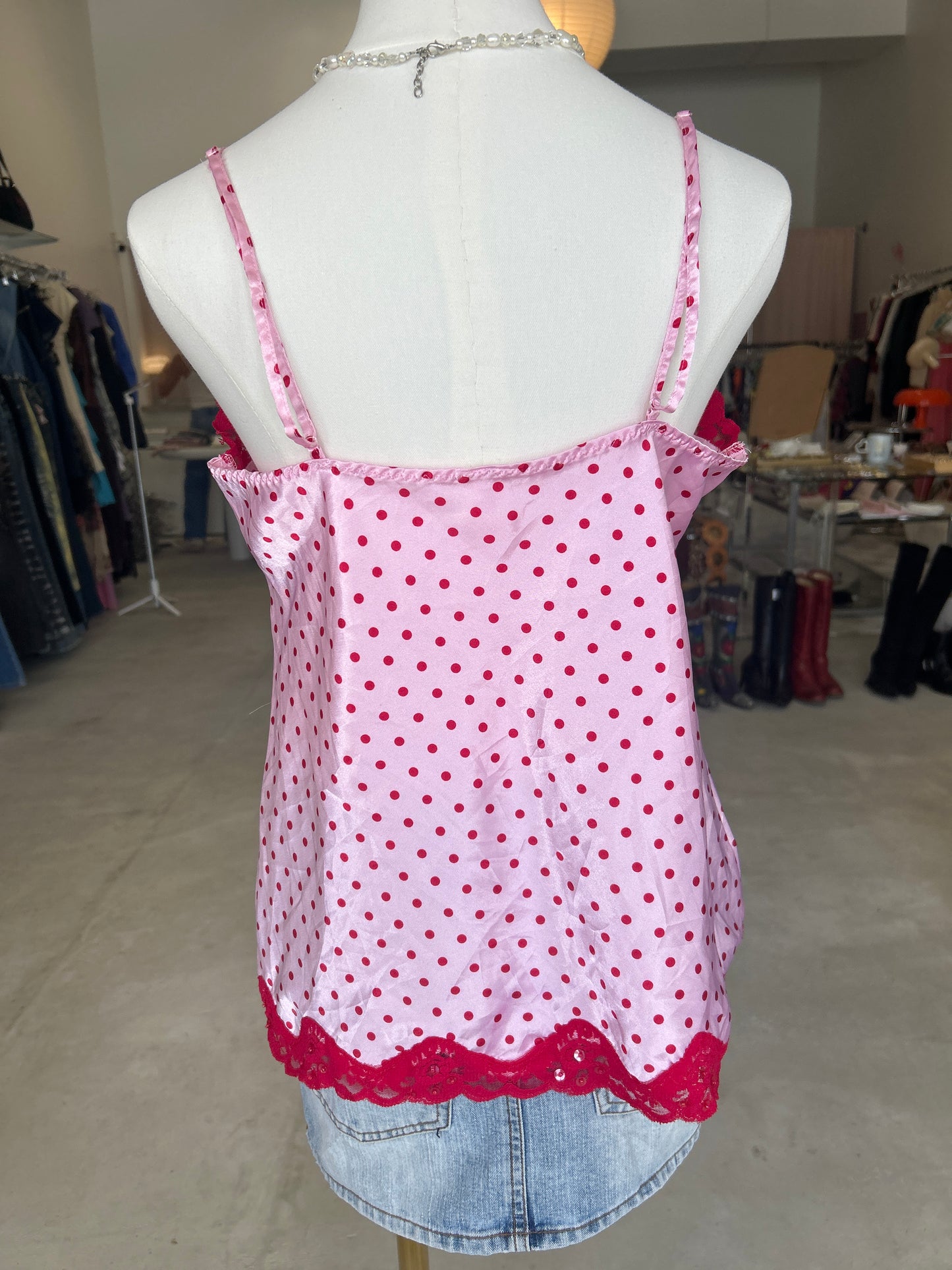 Candies Intimates Pink & Red Poka Dot Lace Trim Cami