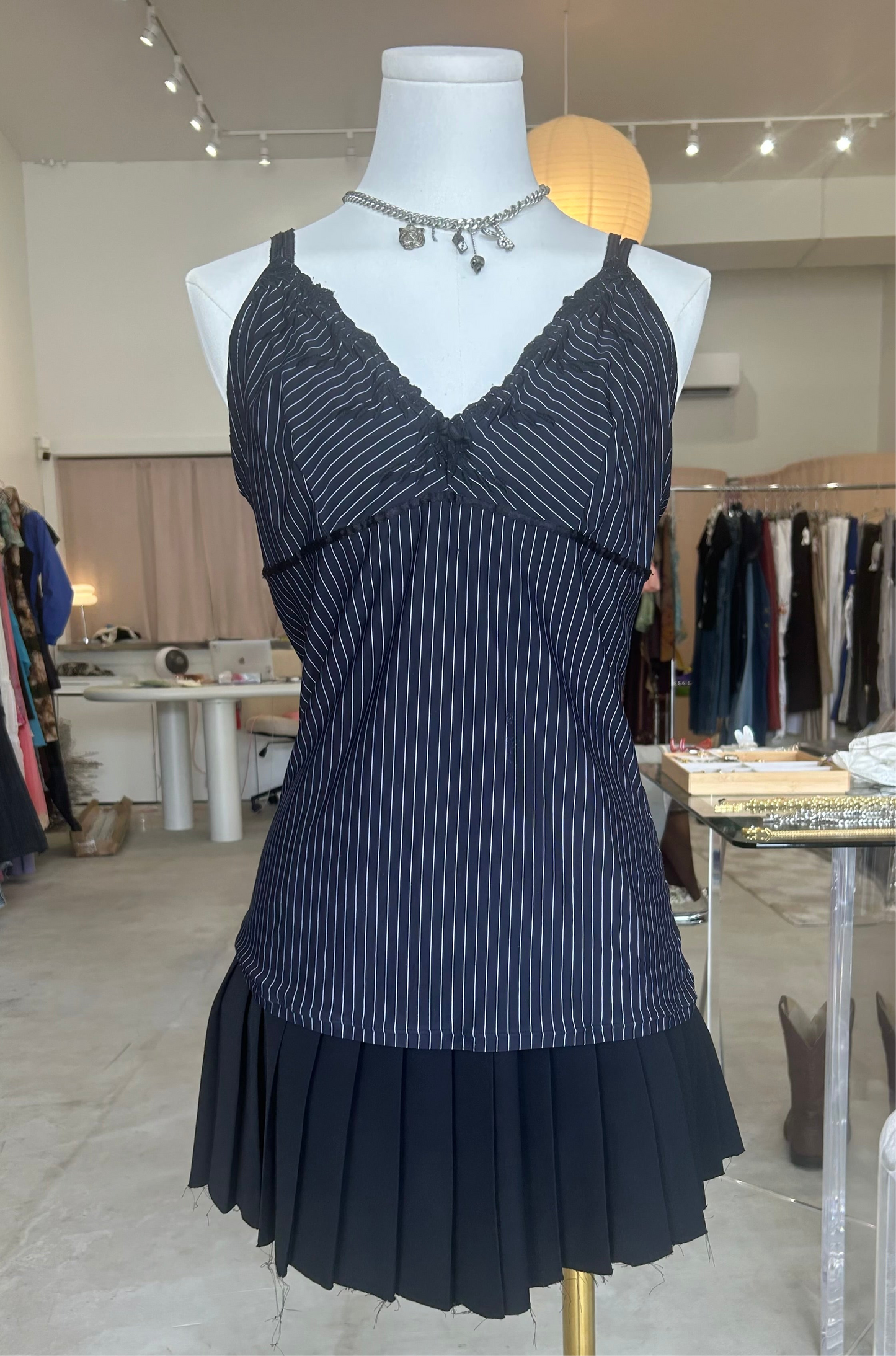 Black Pinstriped V Neck Cami Top