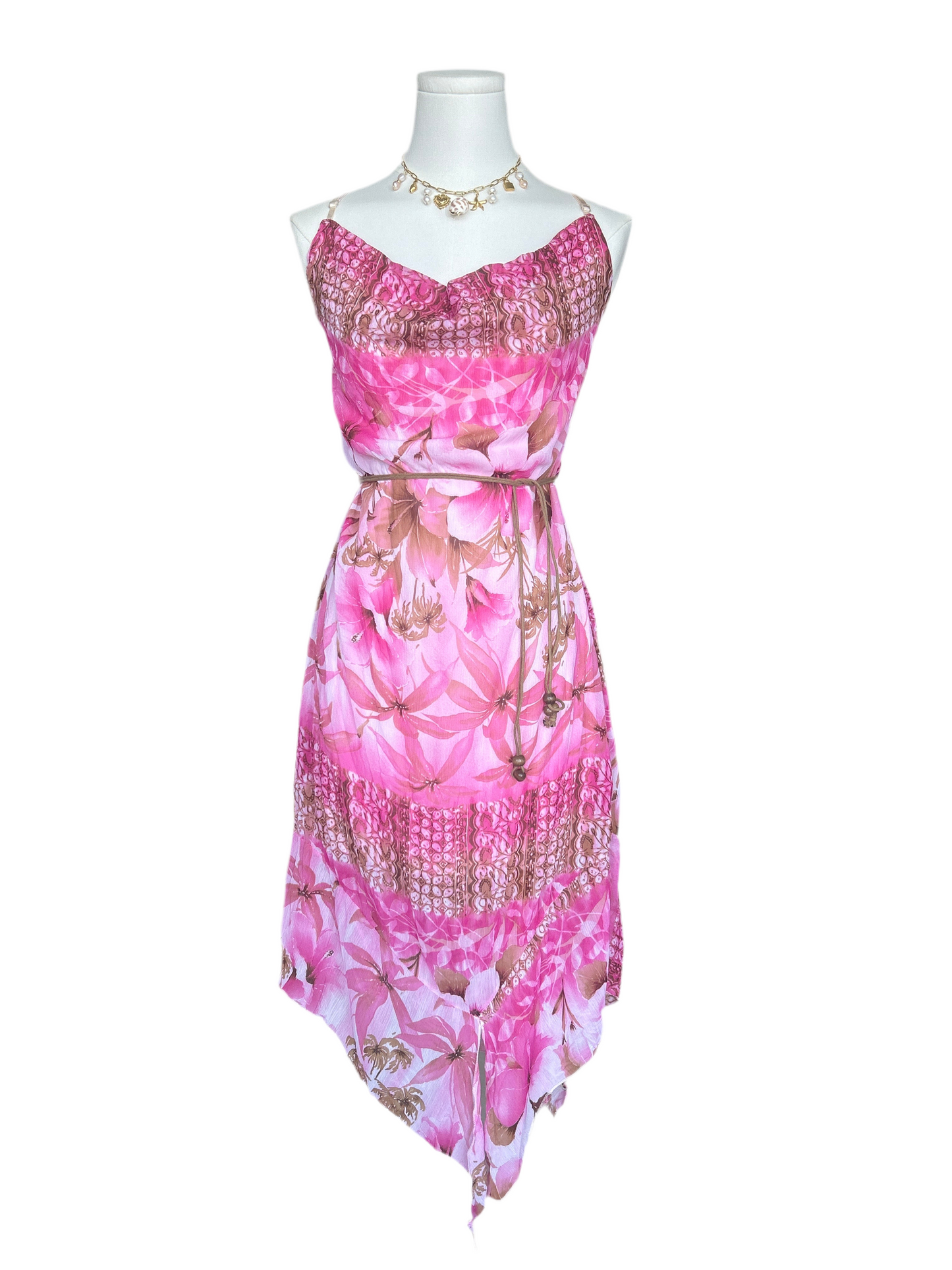 Bellani Paris Pink Floral Asymmetrical Cami Dress with Rope Belt