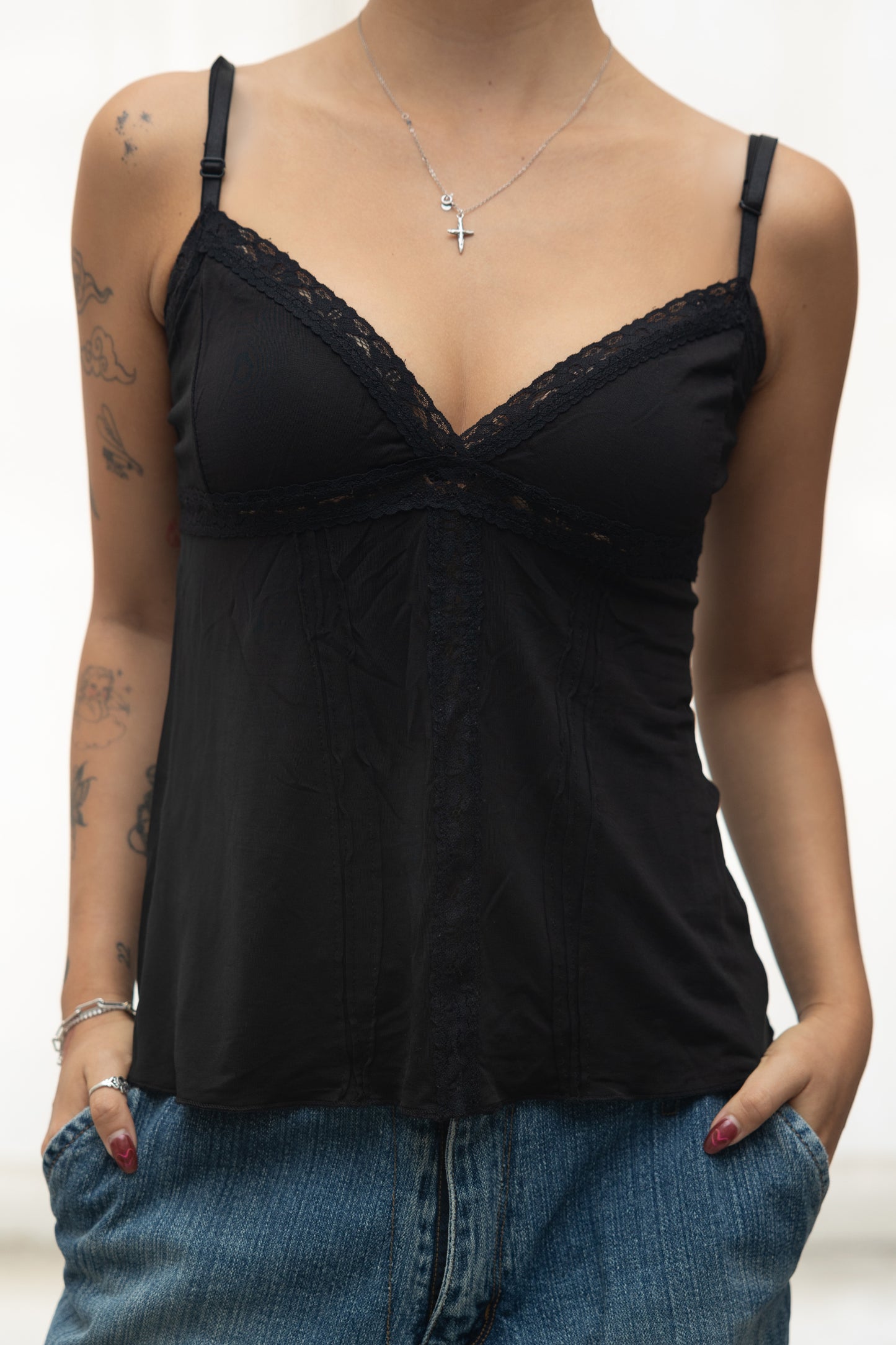 slinky black lace cami top