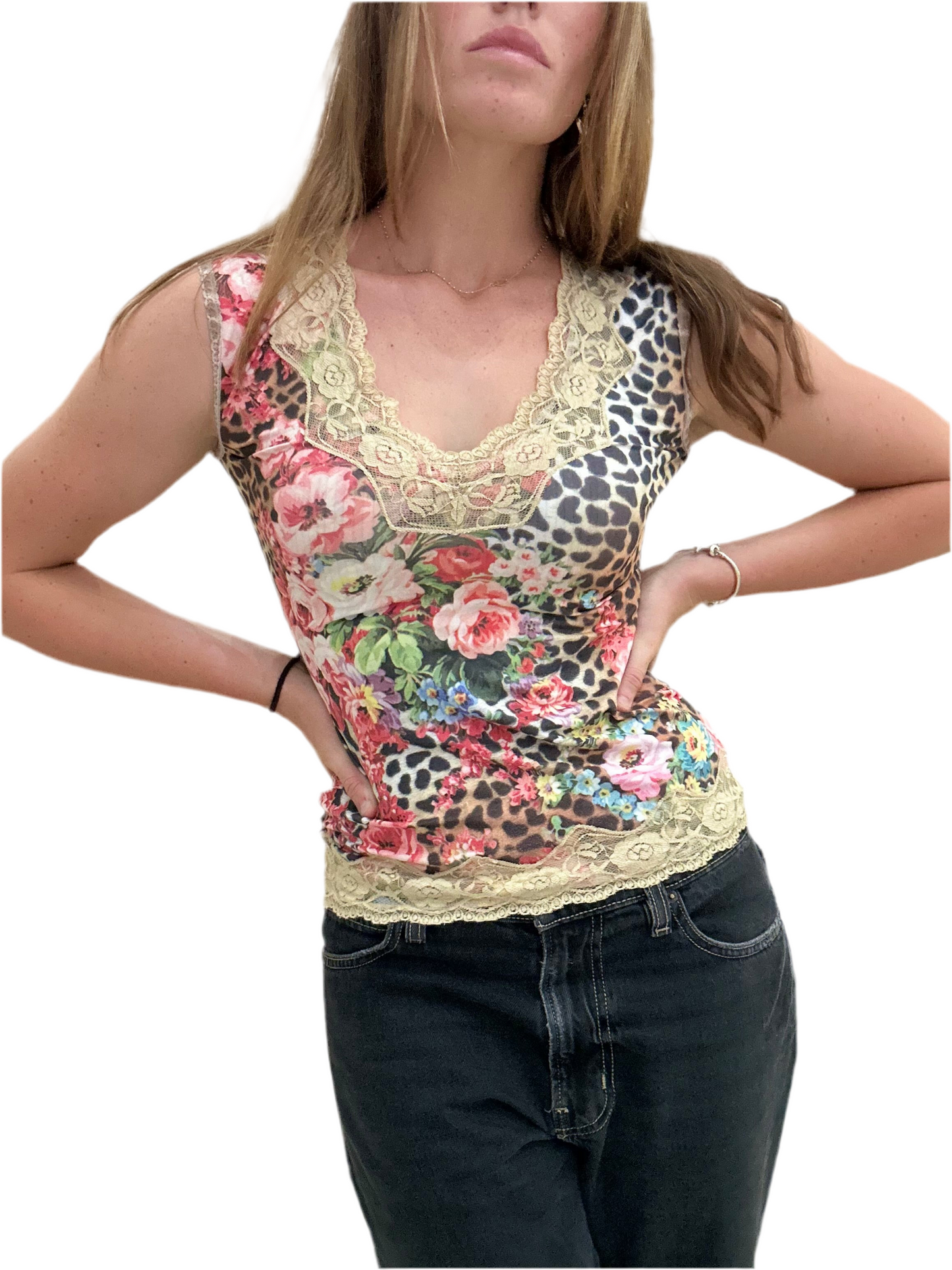 Etoile Du Monde Leopard Floral Multi Printed Lace Trim Sleeveless Top