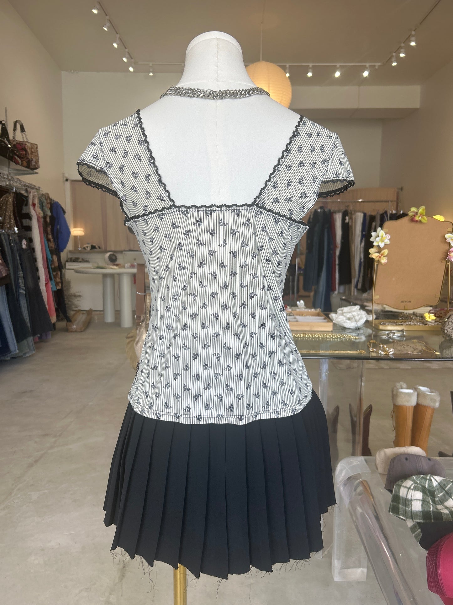 Passionata Pinstripe Floral Button  Down Cap Sleeve Top