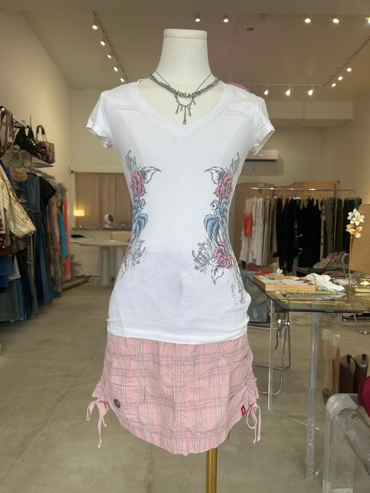 Rock & Rose Birds White V Neck T-Shirt