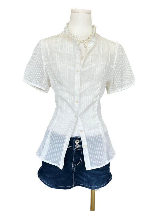 White Buttoned Down Striped Short-sleeveTop