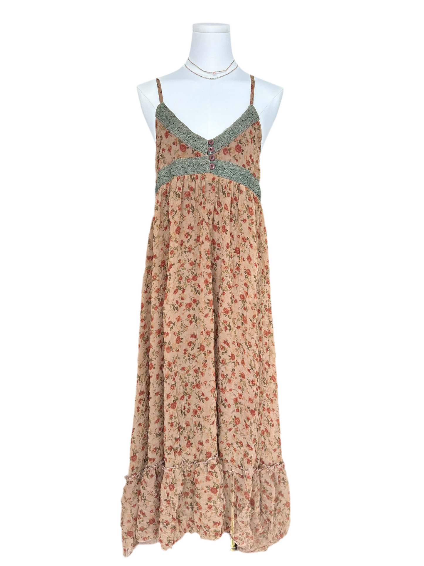 Boll-up Brown Floral Maxi Dress with Buttons