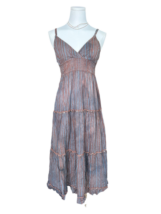 Brown and Grey Striped Maxi Dress with Sequin