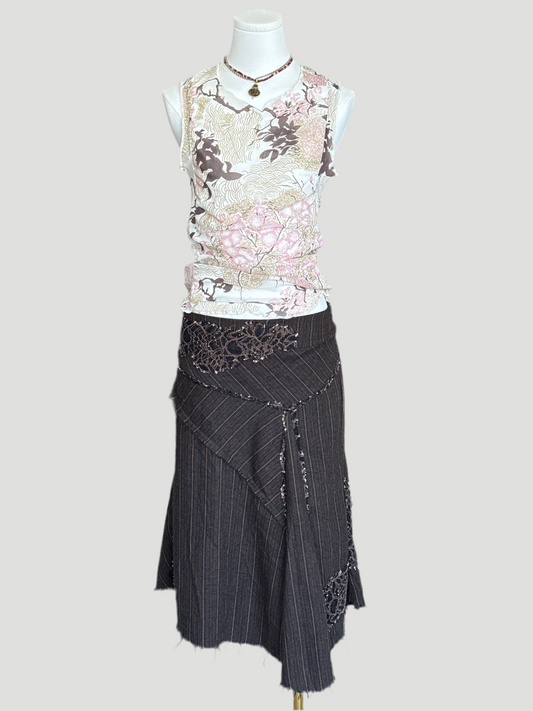 River Island Brown Pin Striped w/ Lace Asymmetrical Skirt