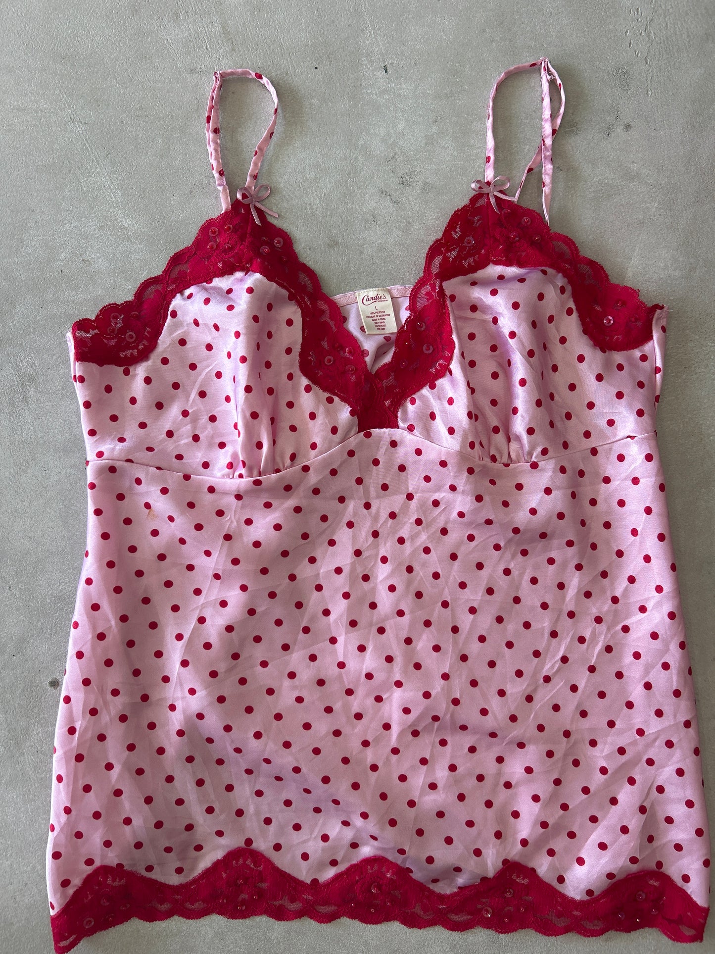 Candies Intimates Pink & Red Poka Dot Lace Trim Cami