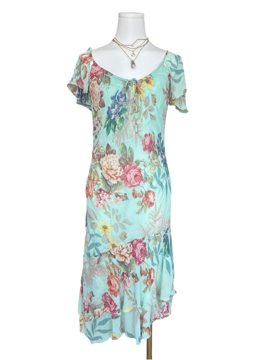 Helline Blue Multi Floral Sequin Cap Sleeve Dress