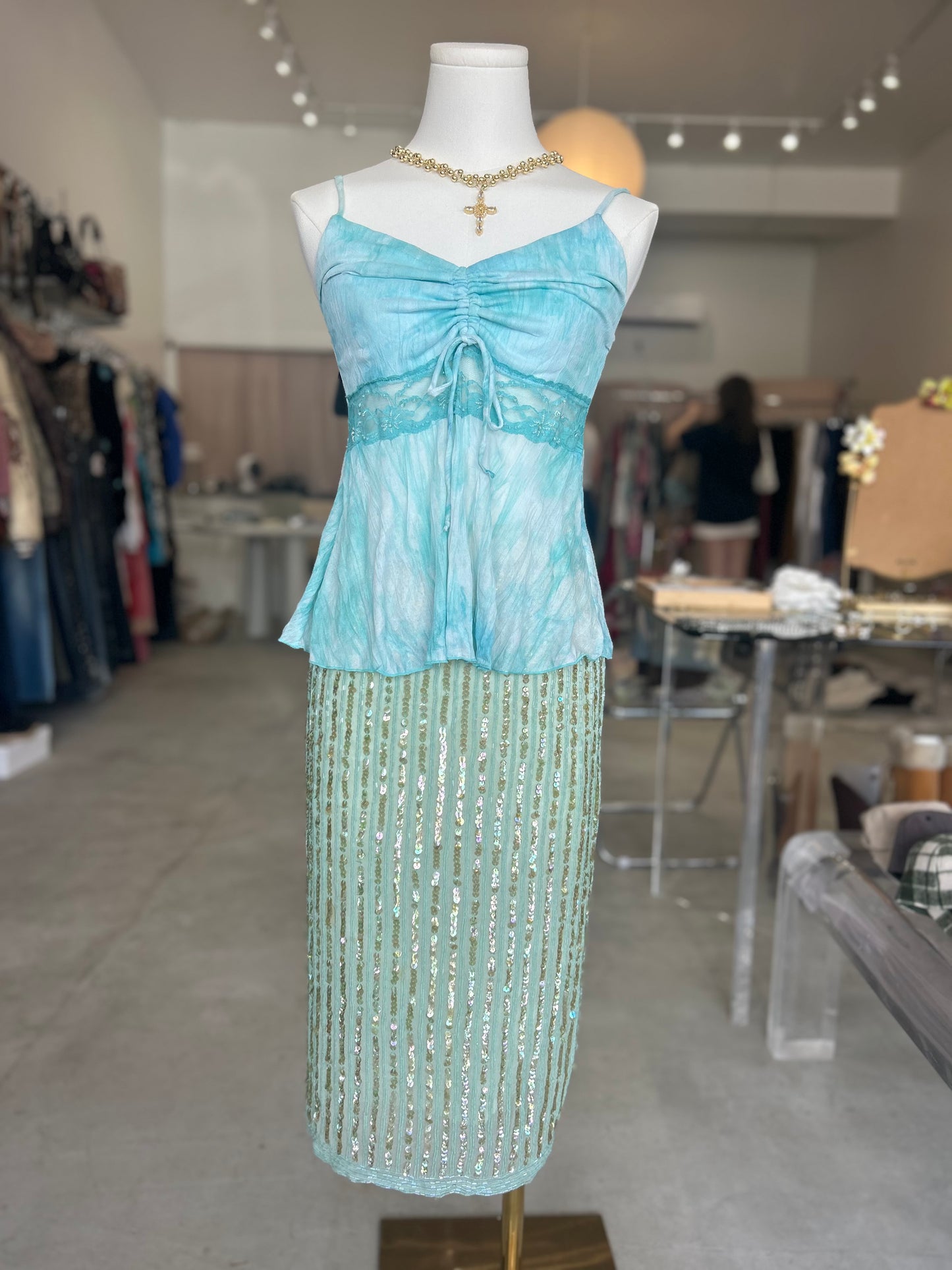 Yoon Me Turquoise Cinched with Tie and lace Cami Top