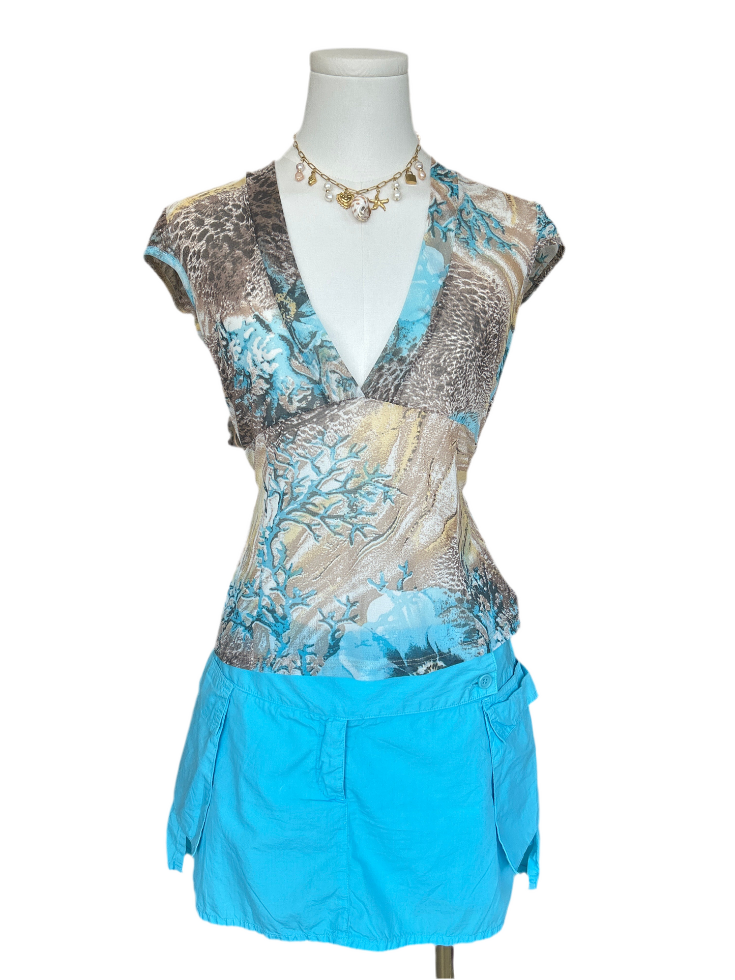 Blue Coral Reef Mesh V Neck Top