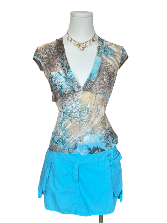 Blue Coral Reef Mesh V Neck Top