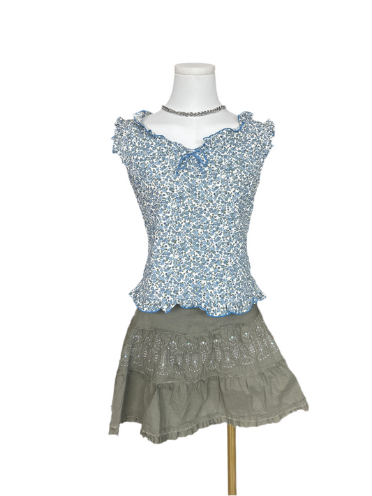 Amo amas ama Blue Floral Textured Sleeveless Top