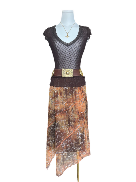 Chado Chocolate Brown Mesh Lace Trim V Neck Top